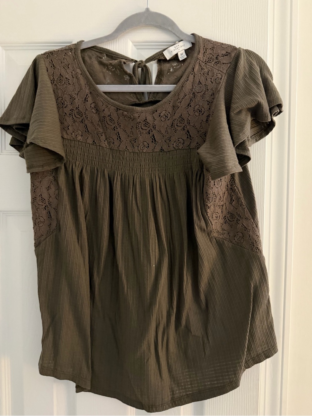 new directions Olive Lace Yoke Flutter Sleeve Blouse